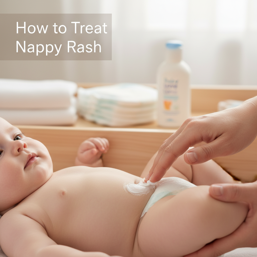 Parent gently applies cream to baby's skin for nappy rash care in a calm, clean nursery setting.