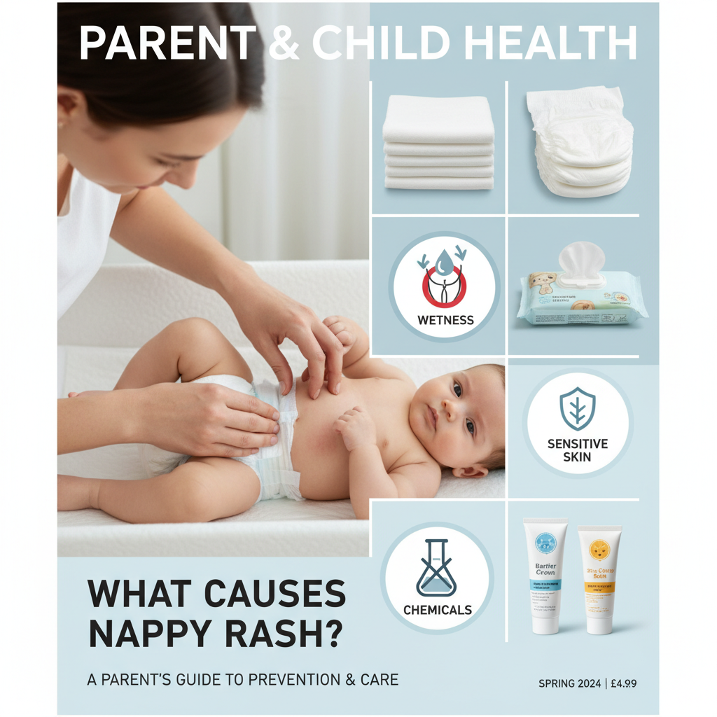 A caring parent checks a baby’s nappy rash; causes and solutions shown with helpful images around them.