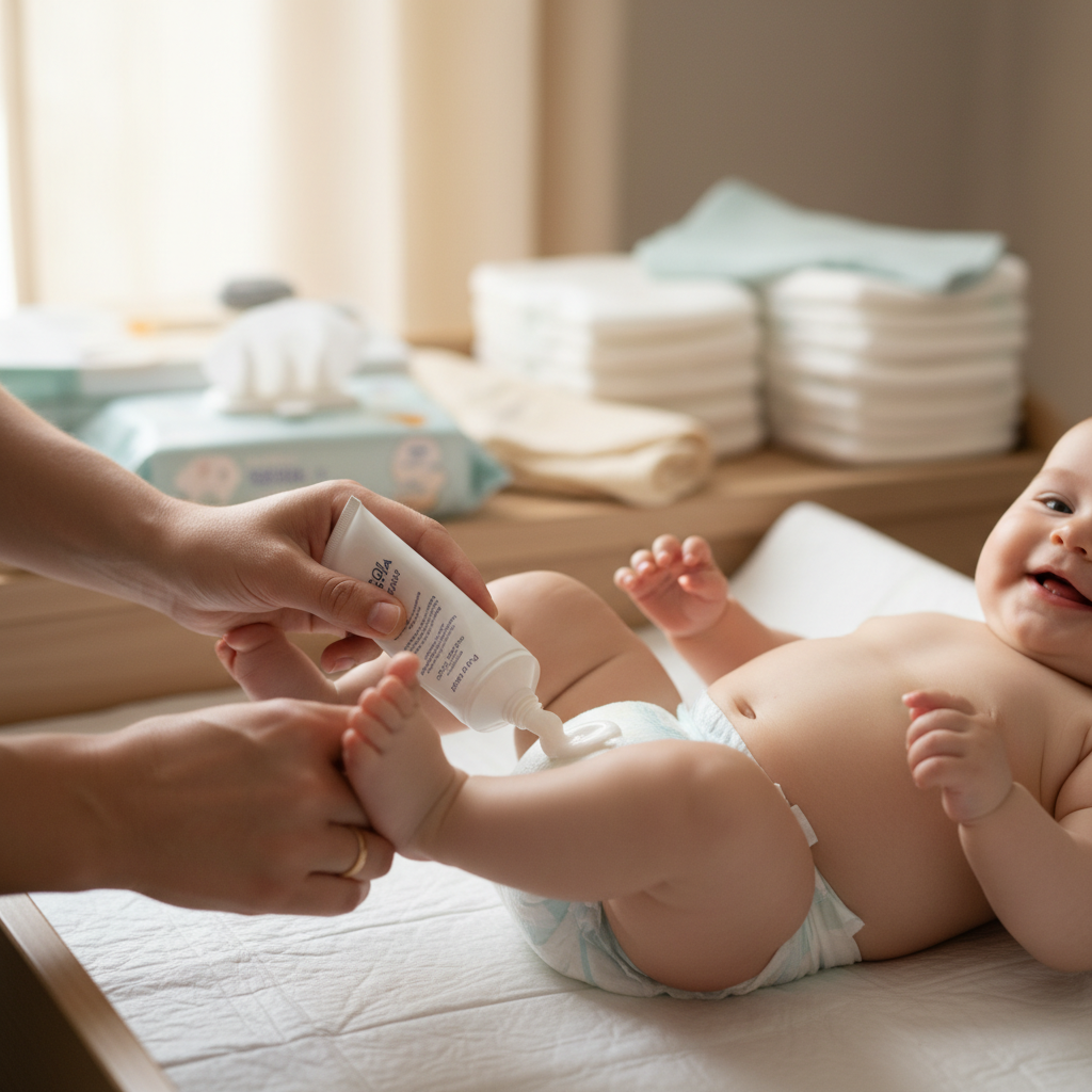 Parent gently applies diaper cream to a happy baby in a cozy, clean nursery, showing comfort and care.