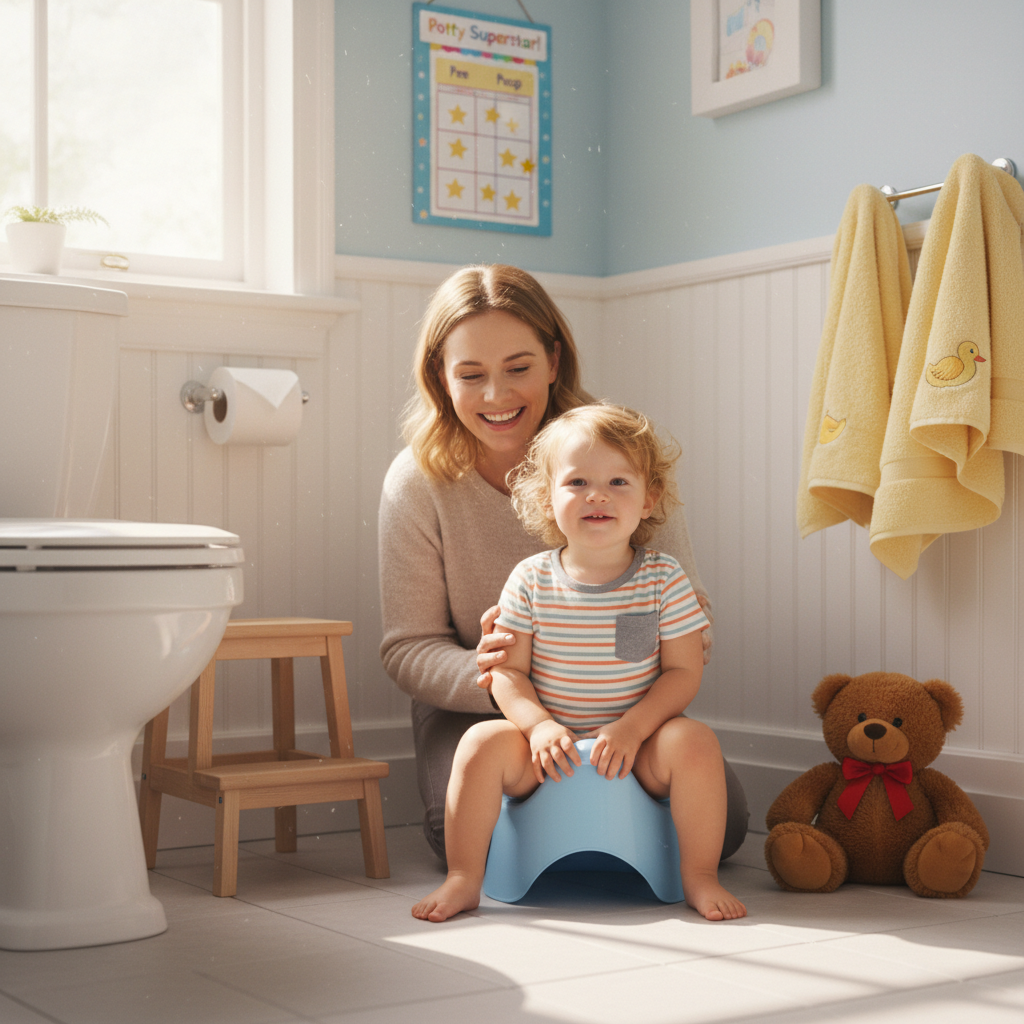 alt_text A toddler sits on a potty with a supportive parent nearby in a bright, cheerful, child-friendly bathroom.