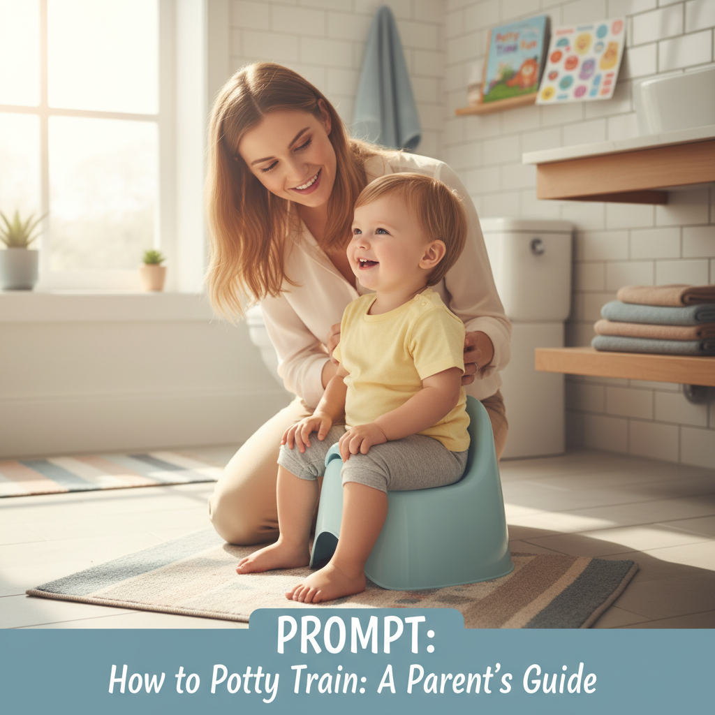 A loving parent helps a smiling toddler try a potty chair in a bright, cozy bathroom, showing potty training.