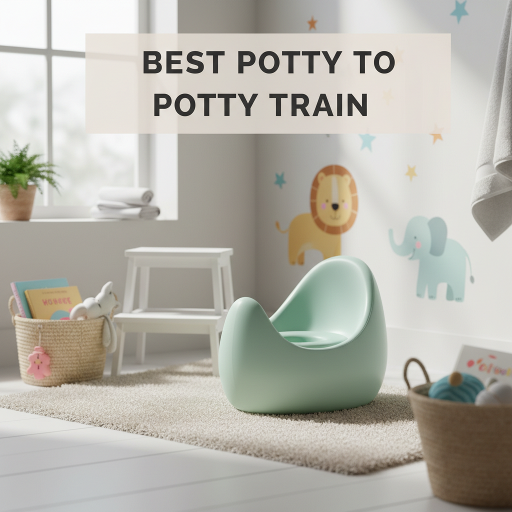 Modern, cozy bathroom scene with a pastel potty chair, rug, books, and cheerful wall decor for kids.