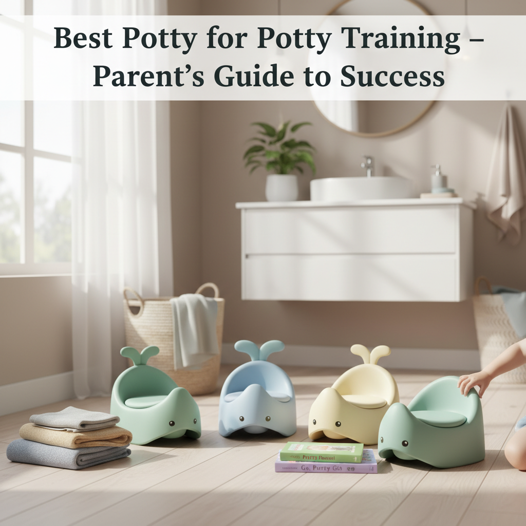Best Potty for Potty Training – inviting bathroom scene with top potty chairs, books, and child’s hand.
