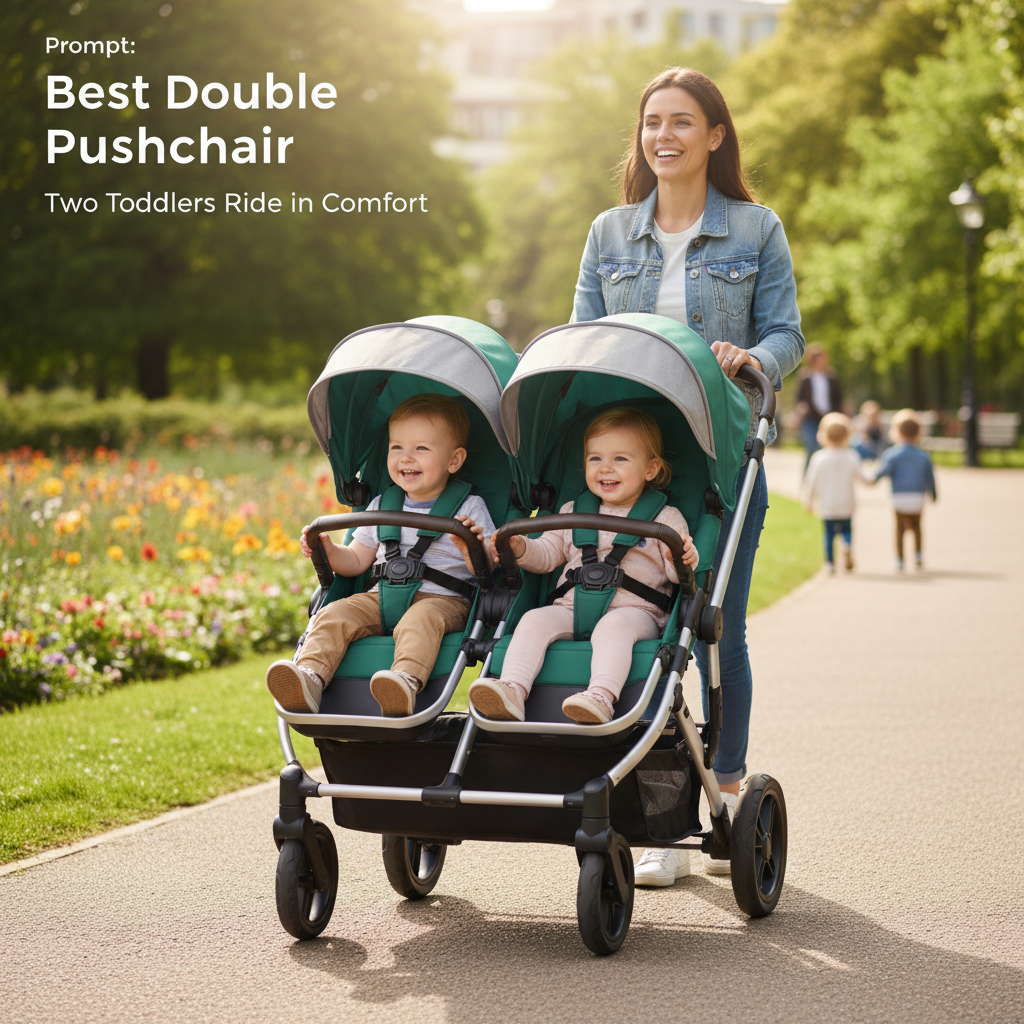 Best double pushchair for families: two toddlers ride in comfort, pushed by parent in sunny urban park.
