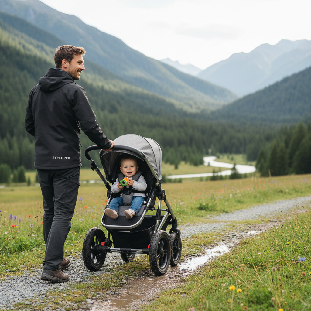 alt_text Parent pushes stylish, rugged pushchair with happy baby over gravel and grass in scenic outdoors.