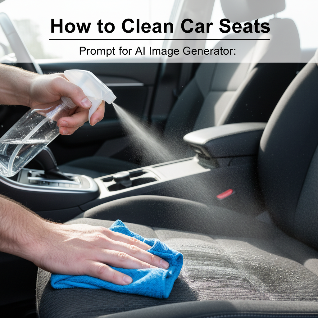 Hands clean a car seat with a spray and cloth, showing fresh, spotless upholstery in bright lighting.