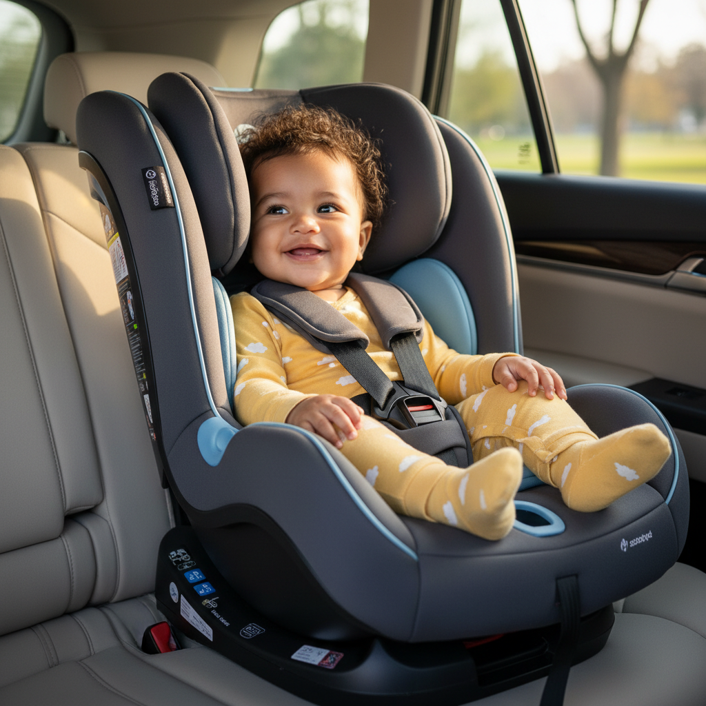 alt_text: Smiling infant safely buckled in a modern car seat, highlighting comfort and safety features.