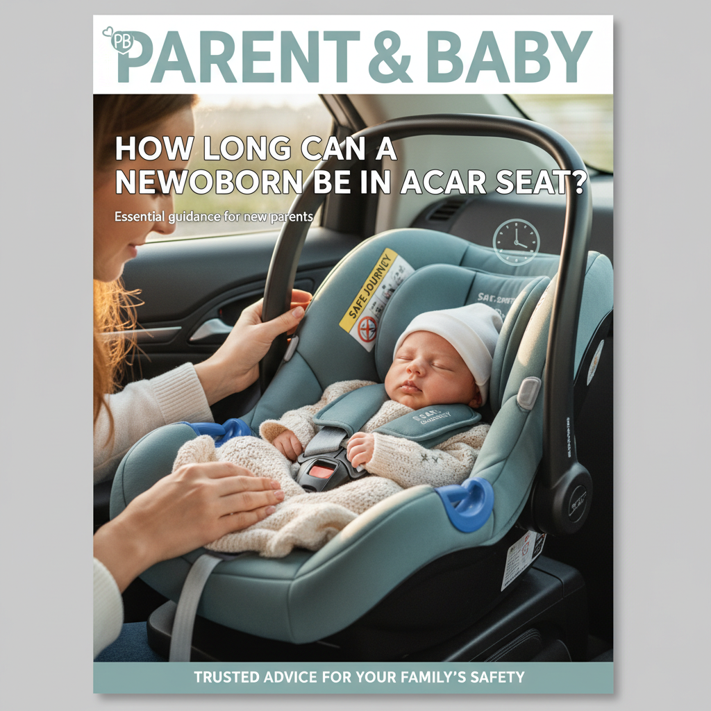 alt_text Newborn safely secured in car seat, parent attentive; focus on time limits and comfort for infants.