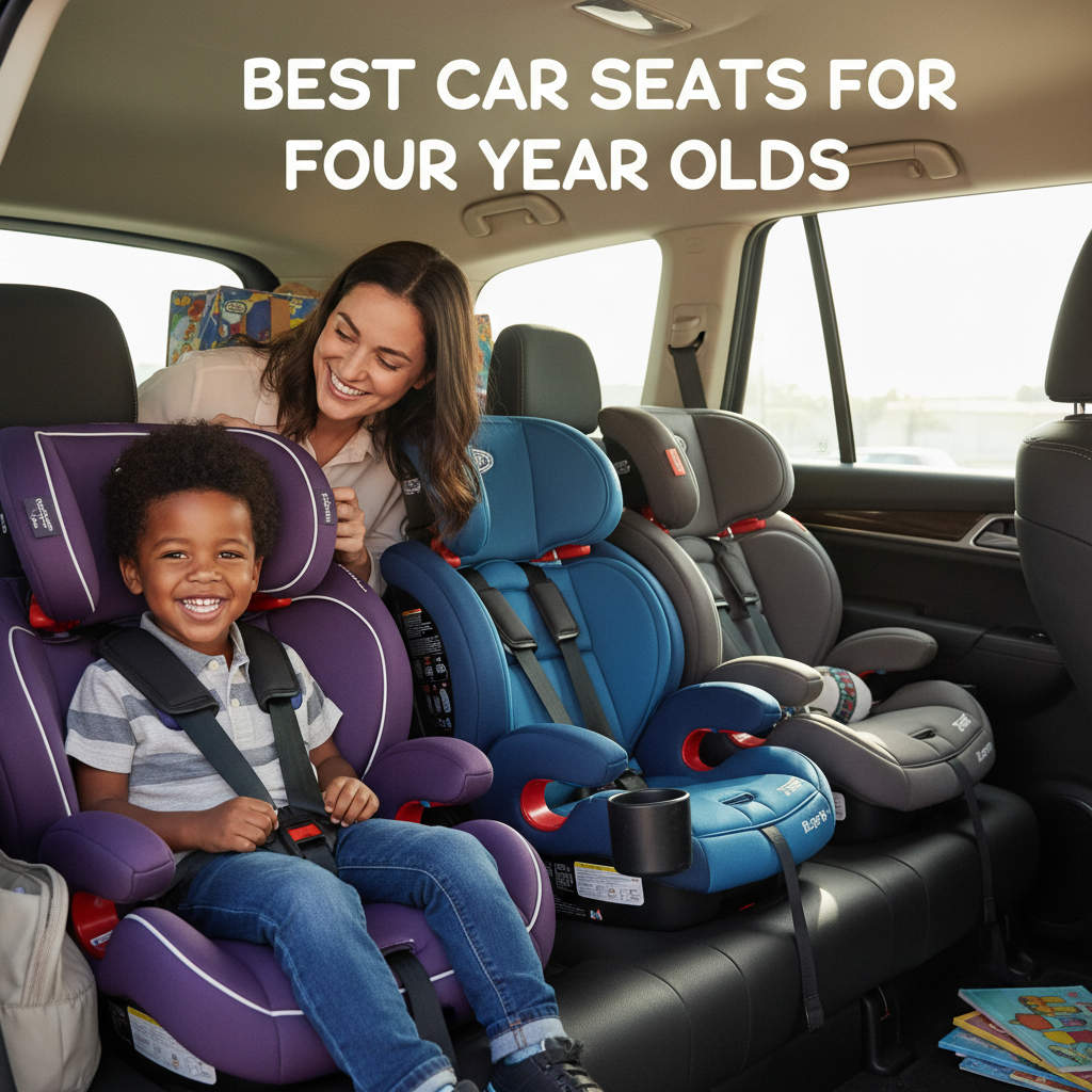 Best Car Seats for Four Year Olds: Safe, comfy kids in colorful seats, happy family inside a bright car.