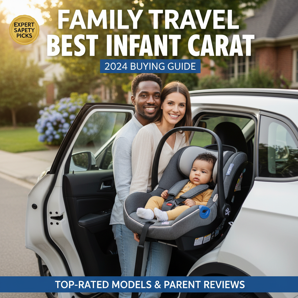 Diverse family with baby in stylish car seat; 2024 Best Infant Car Seat magazine cover, sunny suburb