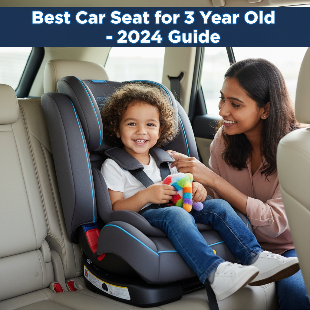 Happy 3-year-old in a safe, comfy car seat with a smiling parent; "Best Car Seat for 3 Year Old - 2024 Guide"
