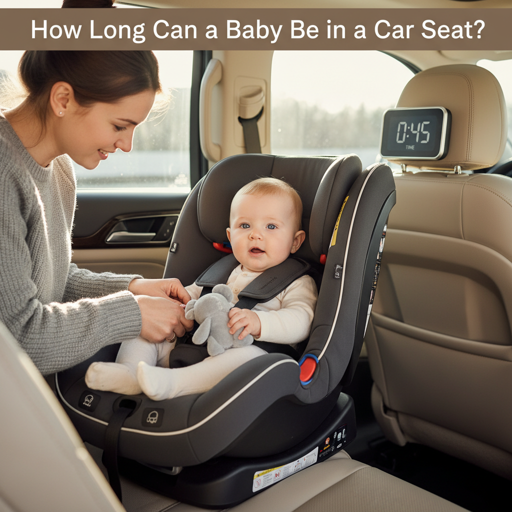 alt_text A parent buckles an alert baby in a rear-facing car seat, with a clock showing safe travel time.