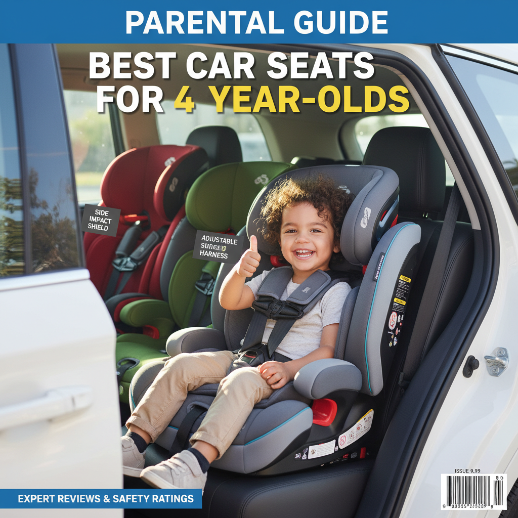 Happy child buckled in car seat; various seat models shown, highlighting safety for 4-year-olds.