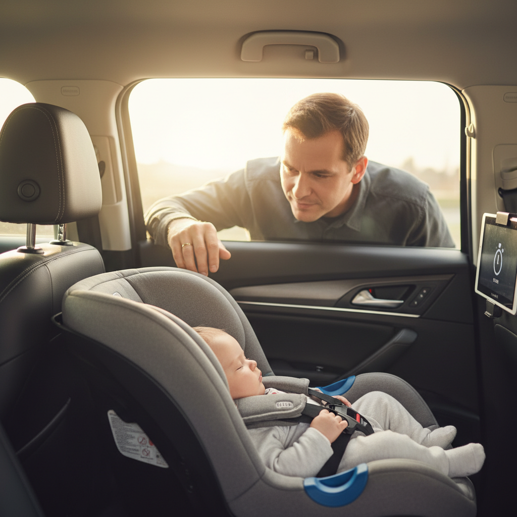 A caring parent checks on a sleeping infant in a car seat, monitoring time in a safe, sunlit car.