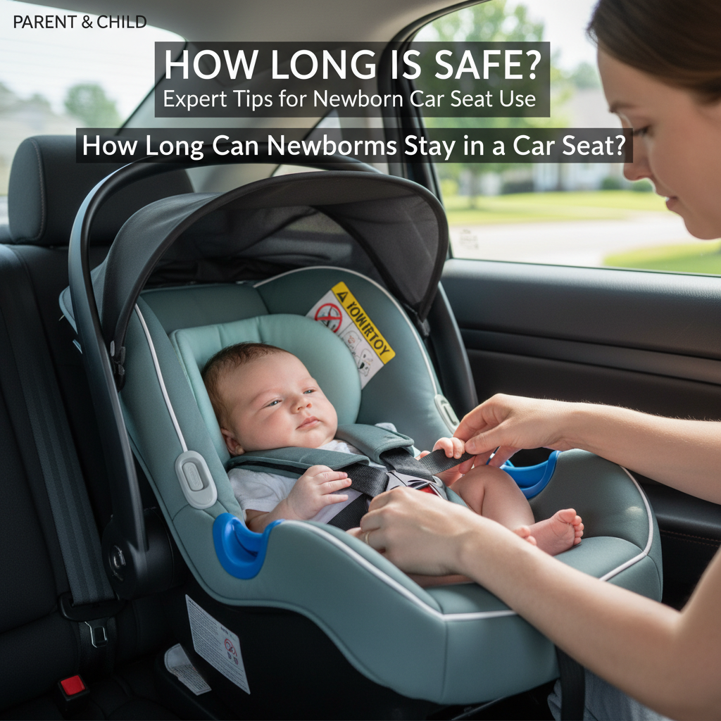 Parent adjusts newborn in rear-facing car seat; headline asks how long it's safe. Focus on child safety.