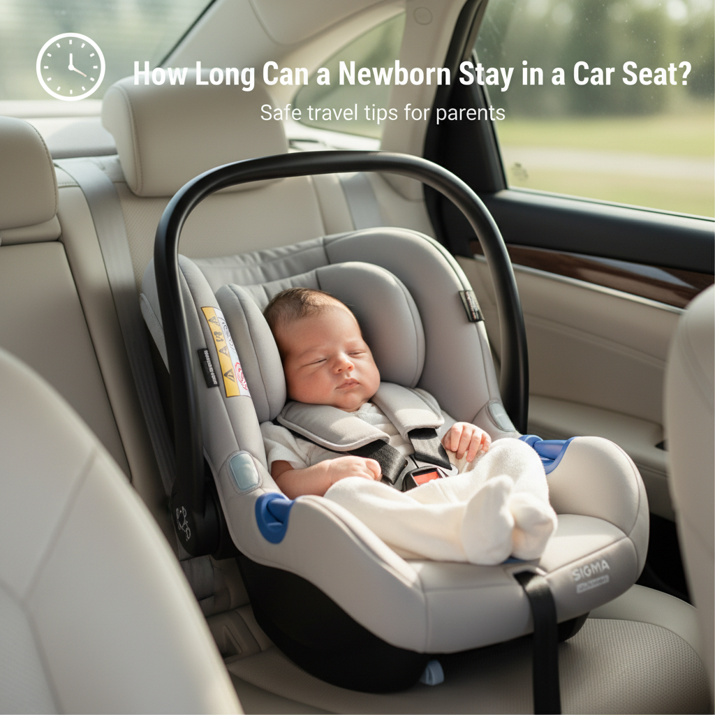 How Long Can a Newborn Stay in a Car Seat? Safe travel tips for parents, with a clock icon shown.