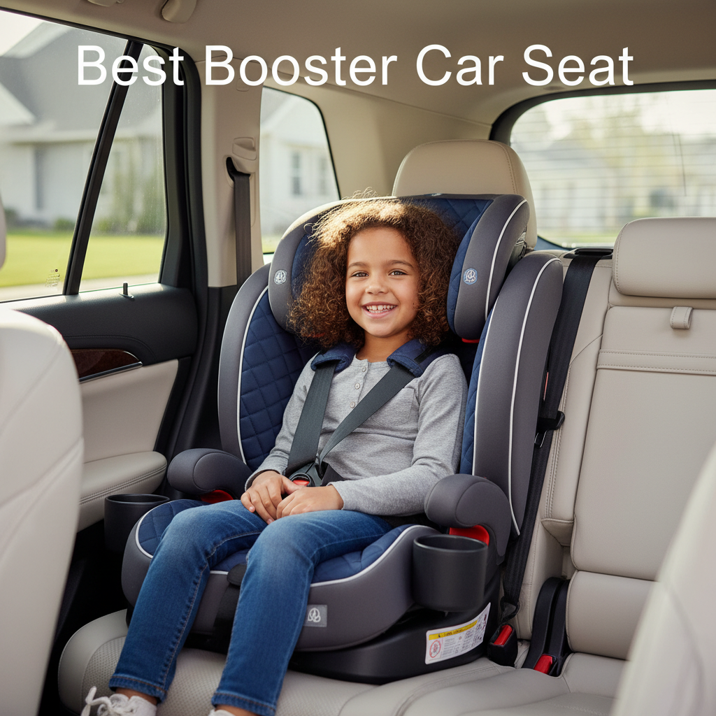 Happy child buckled in a plush, safe booster seat in a clean car, labeled “Best Booster Car Seat.”