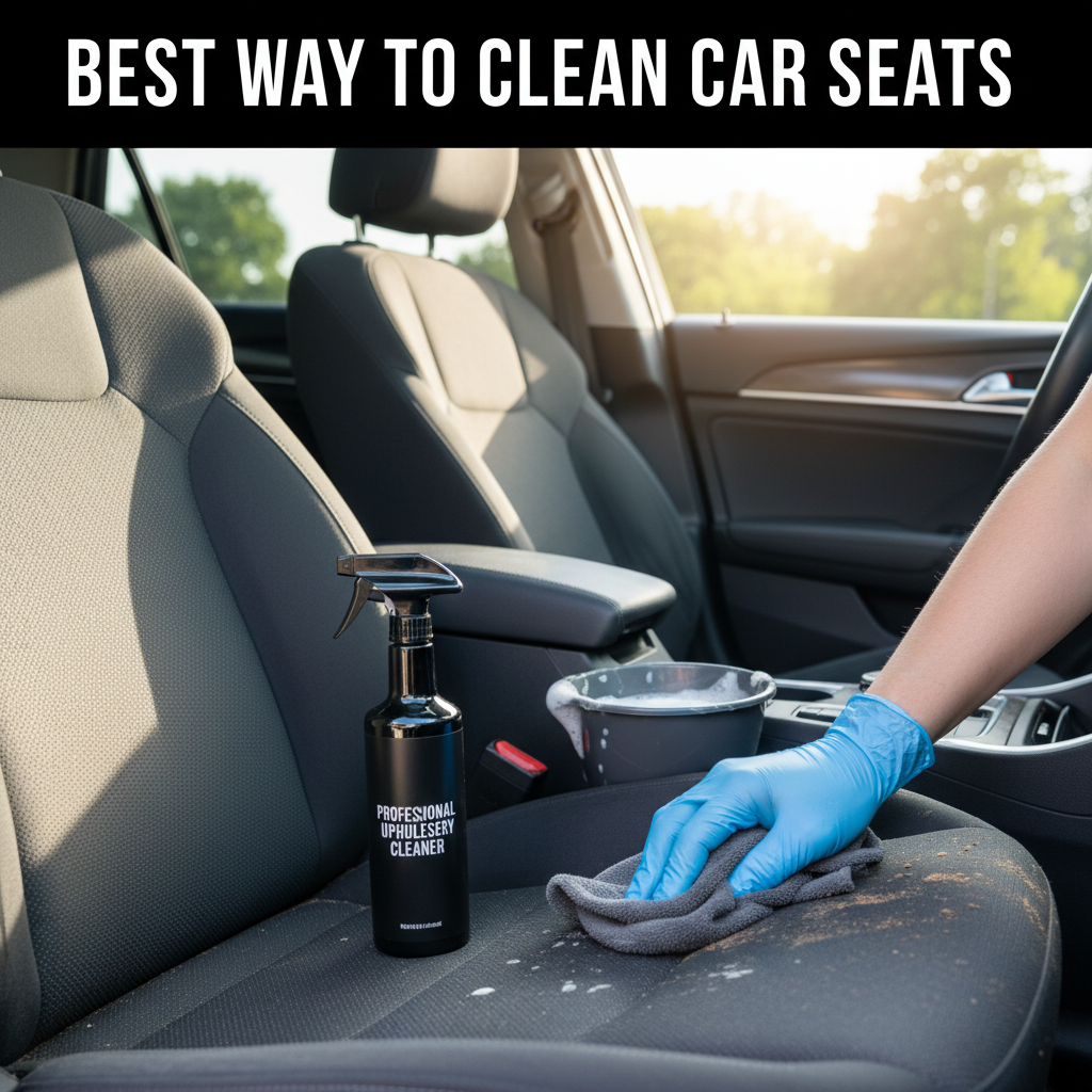 Hands cleaning a dirty car seat, showing a spotless transformation with cleaning spray and cloth.