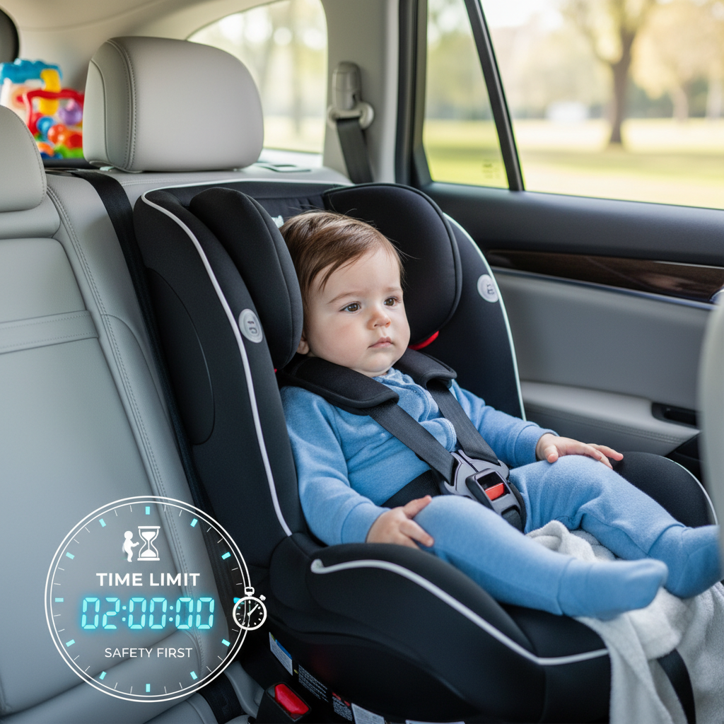 Baby in a car seat with a clock, highlighting car seat safety and time limits for infants.