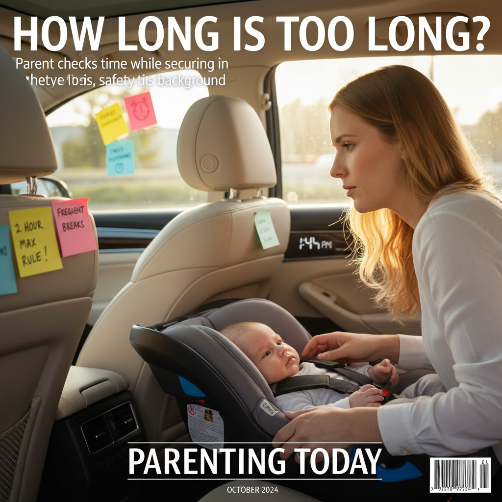 How Long Is Too Long? Parent checks time while securing baby in car seat, safety tips in background.