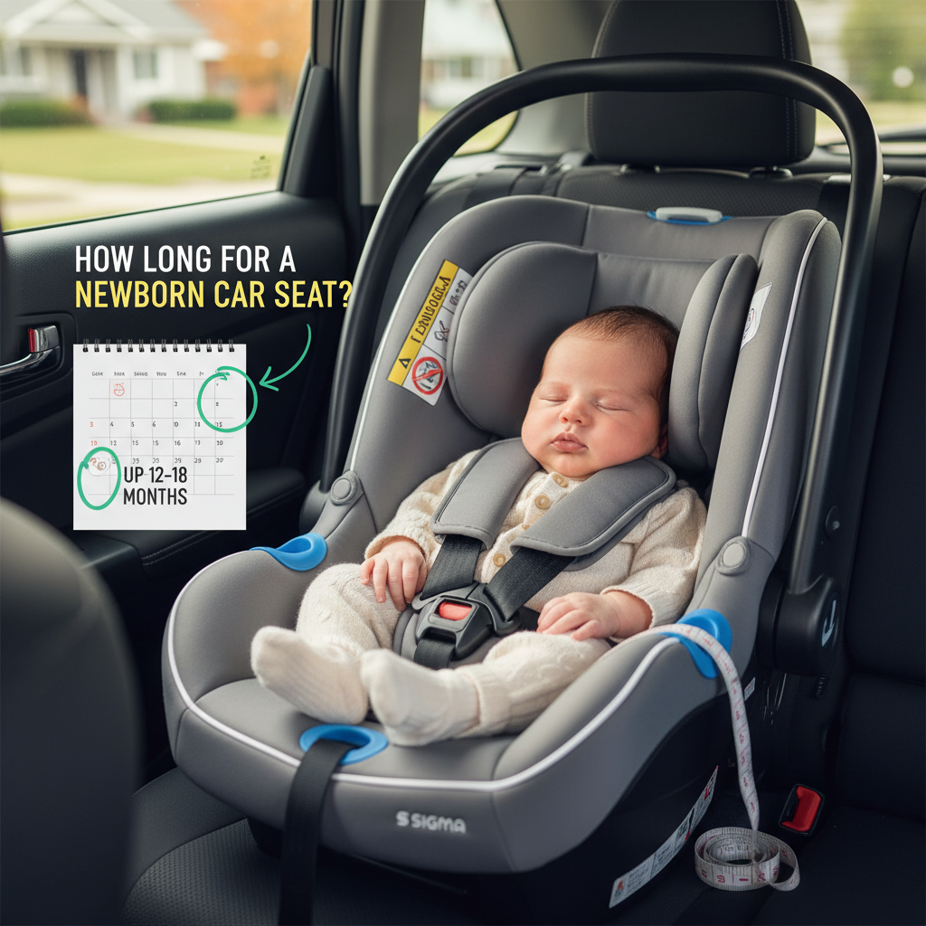 Newborn in rear-facing car seat with calendar, highlighting safe usage time for new parents.