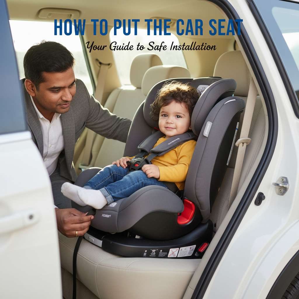 A parent secures a toddler in a car seat, showing safe installation in a family car for a guide cover.