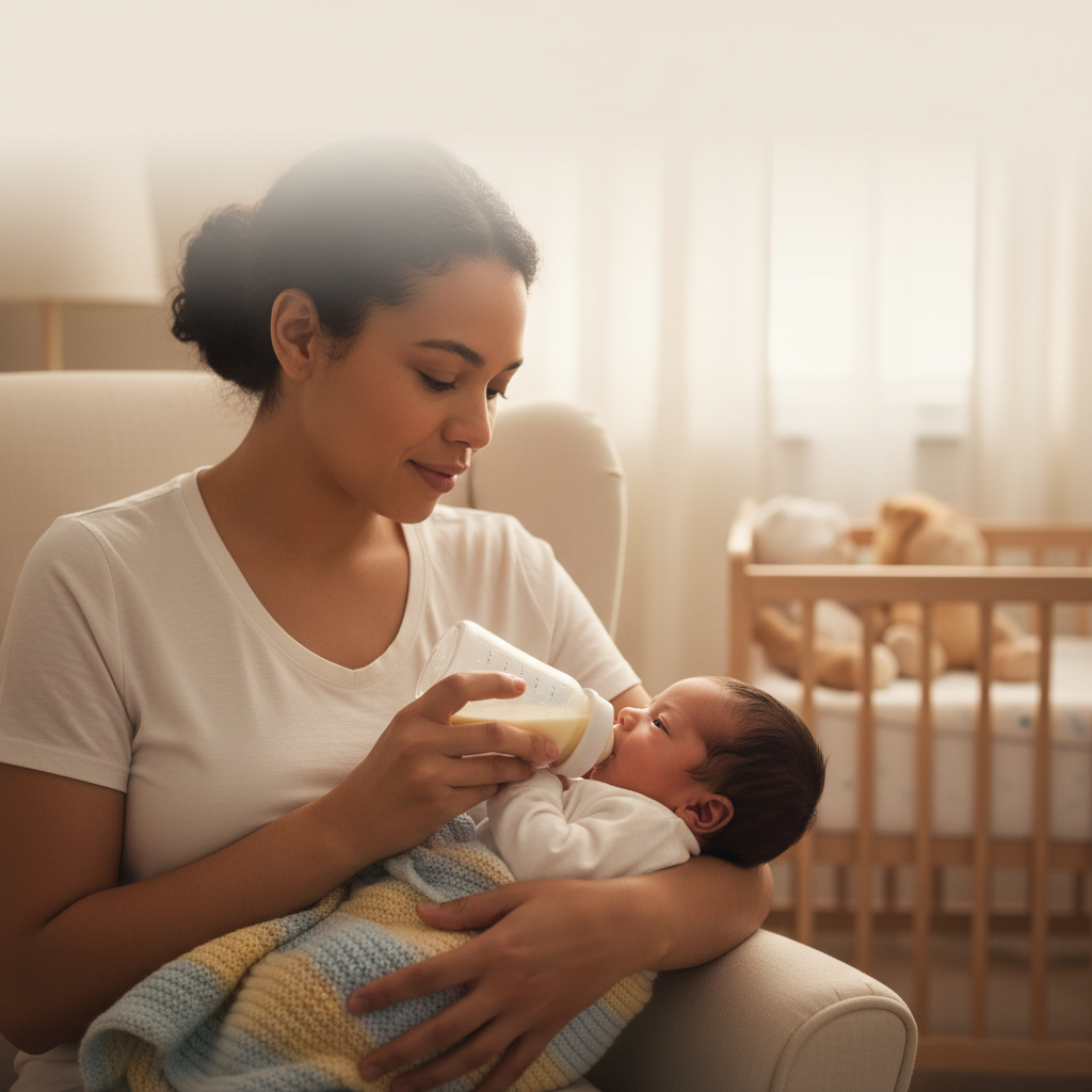 An adult gently bottle feeds a newborn in a cozy room, showing safe and loving feeding technique.