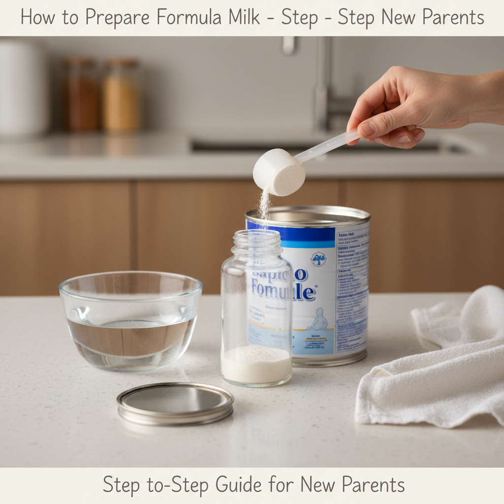Parent prepares formula milk on a clean kitchen counter, showing each step with safe, caring guidance.