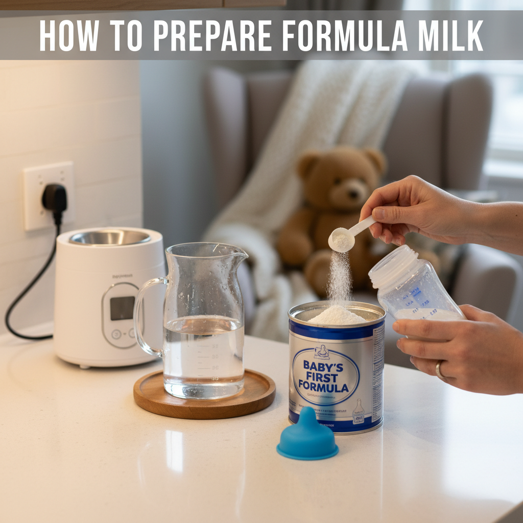 Parent prepares formula milk in a warm kitchen, showing step-by-step bottle preparation essentials.