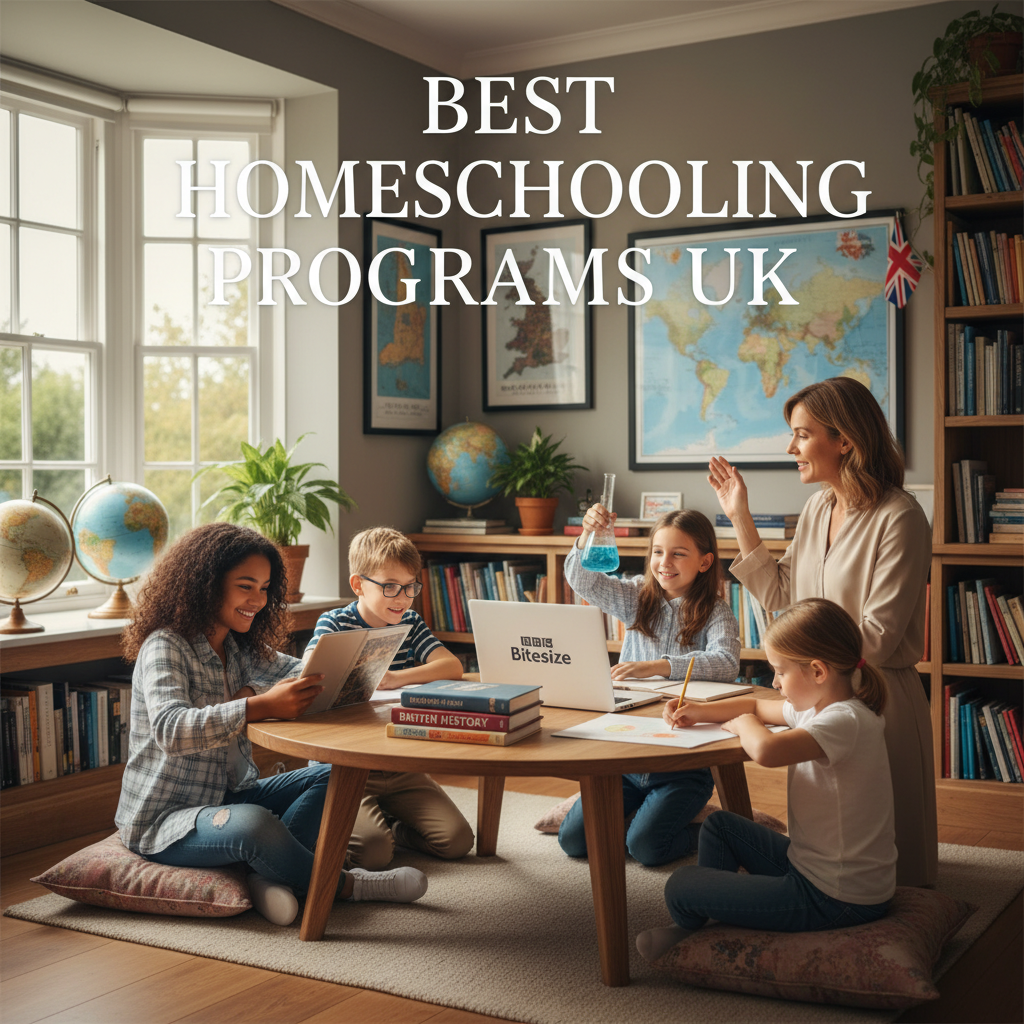 Best Homeschooling Programs UK: Diverse children learning at home with books, tech, and British themes
