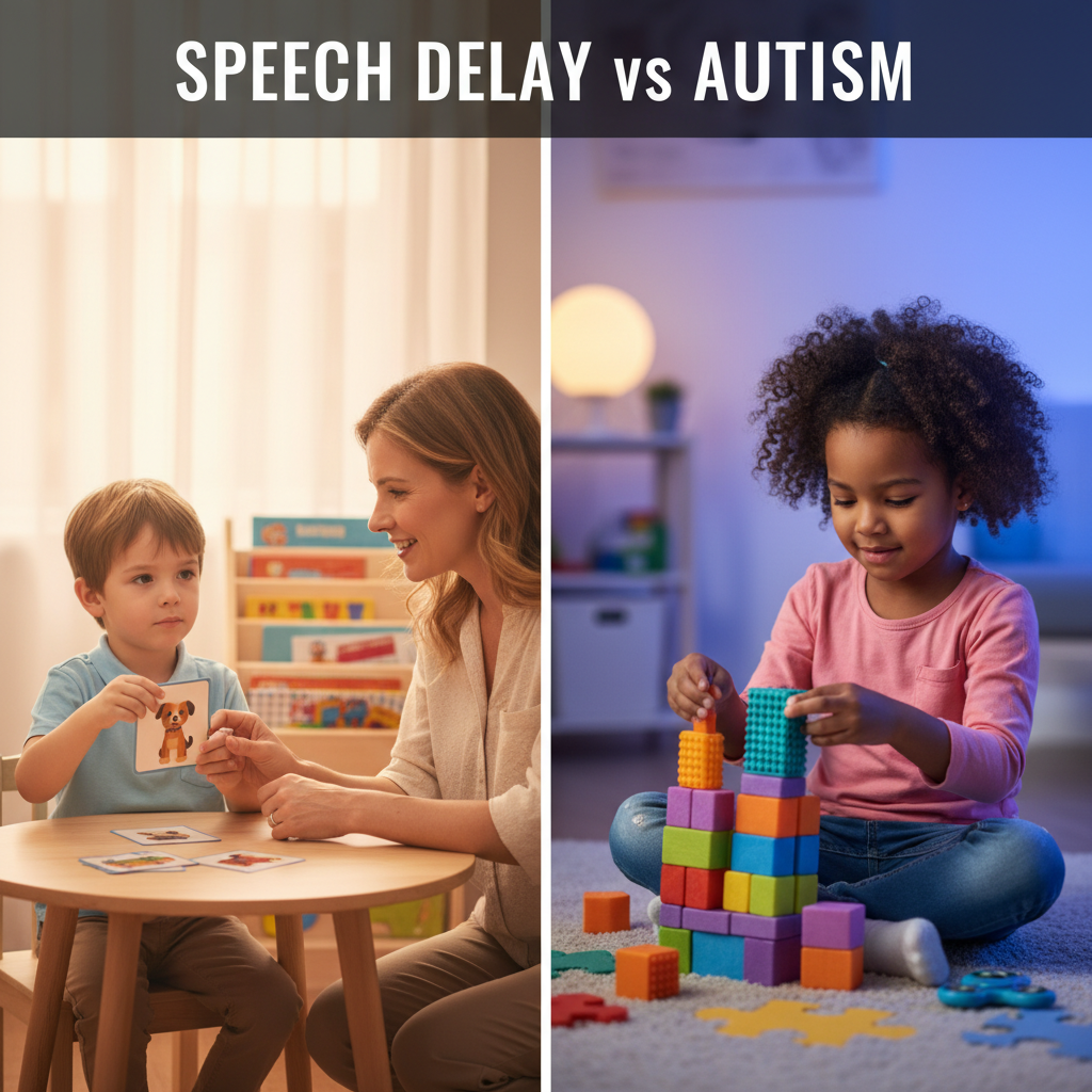 Speech Delay vs Autism: Two children shown in supportive, warm settings highlighting key differences.