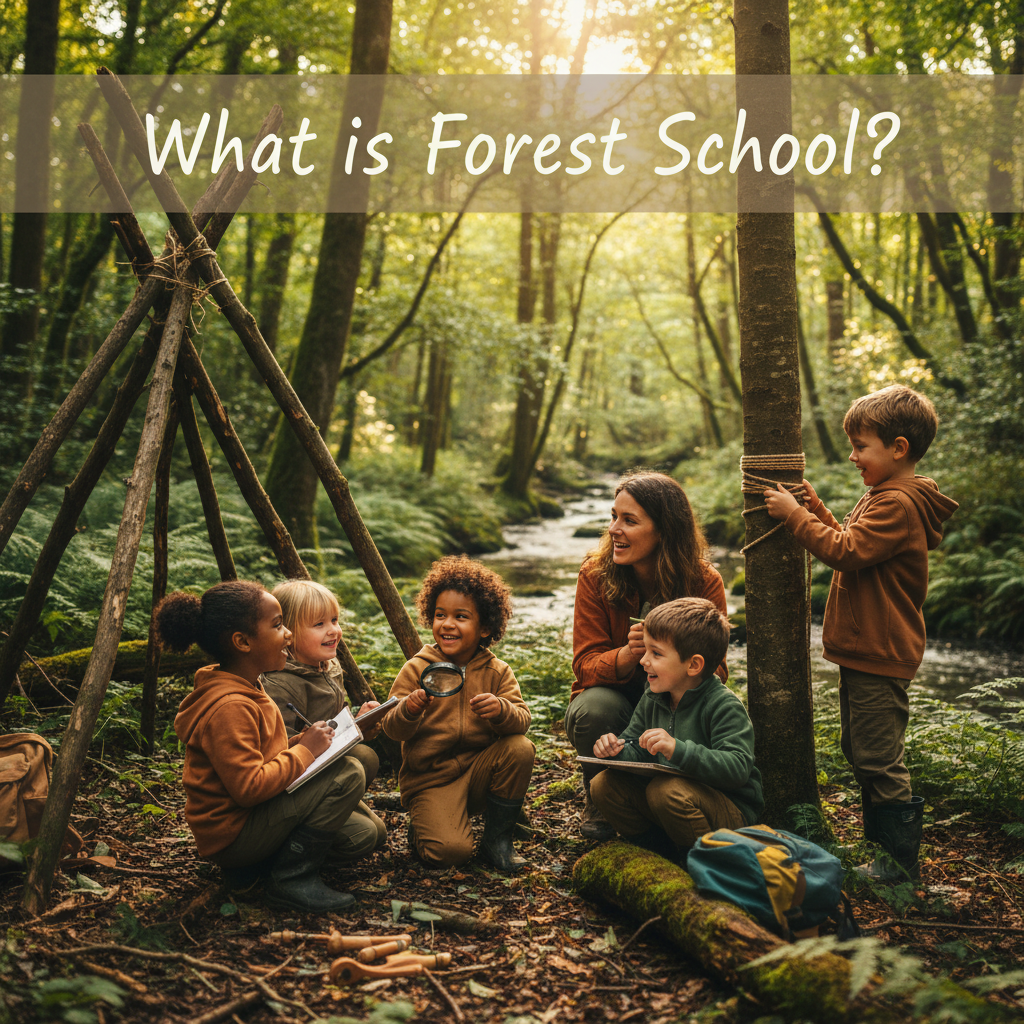 Children and a teacher exploring and learning together in a vibrant, leafy forest—What is Forest School?