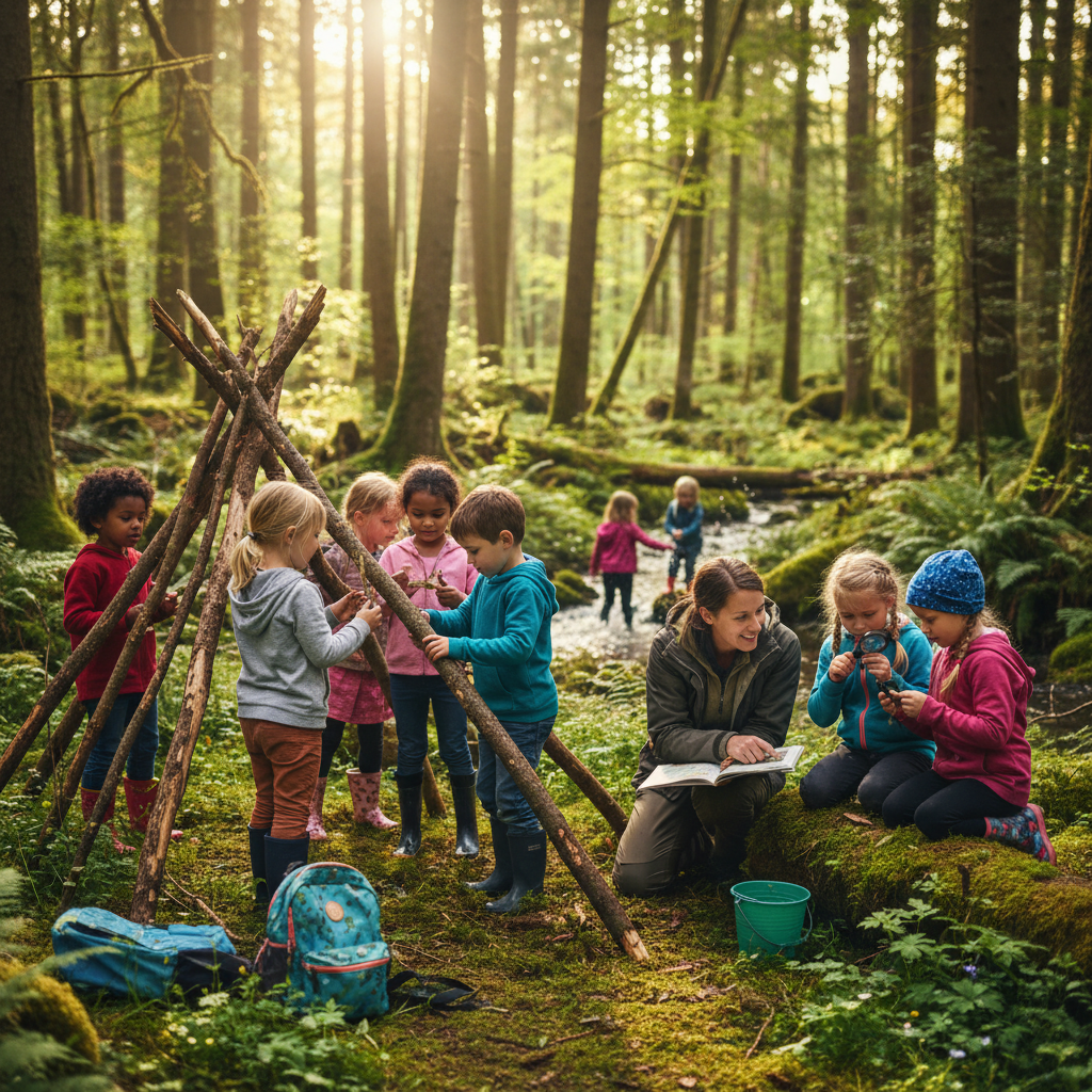 Children explore and learn in a sunlit forest, building shelters and observing insects with a teacher’s help.