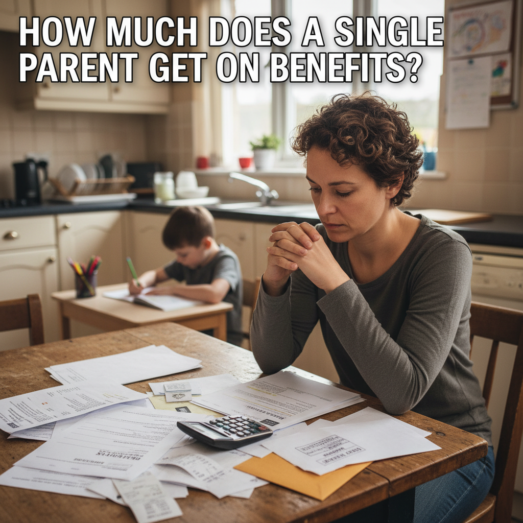Single parent reviewing benefit papers at kitchen table, child in background; headline asks about support.