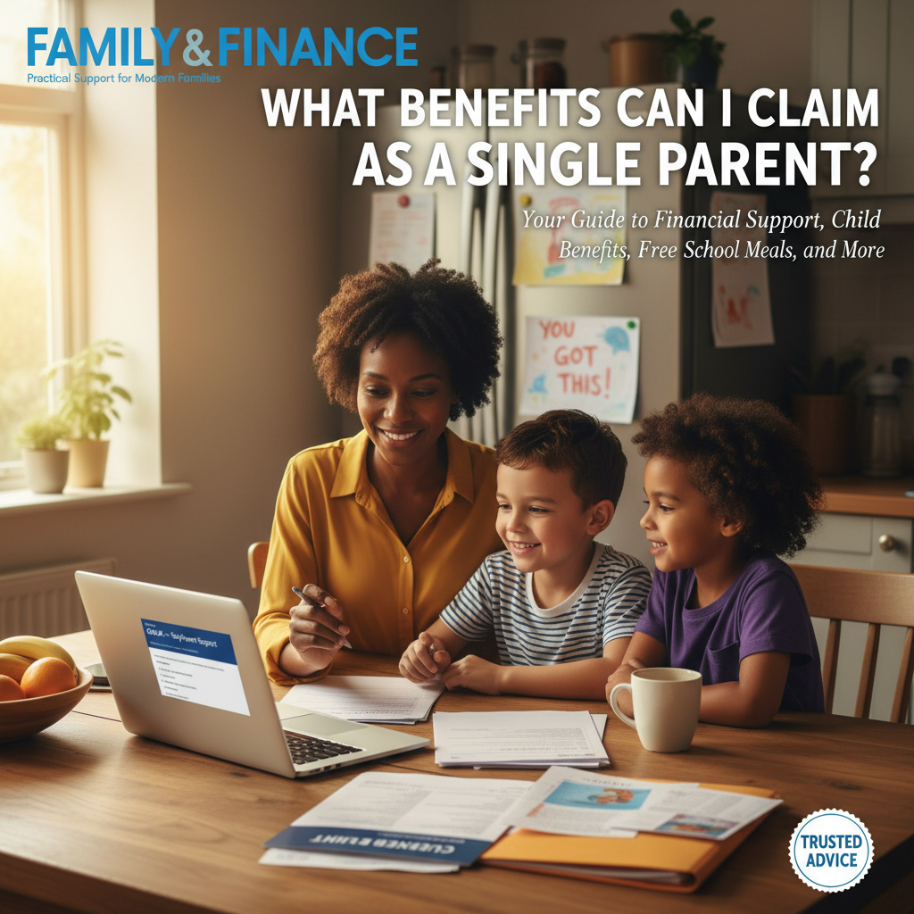 Single parent and kids review benefit forms at home, highlighting support and practical guidance.